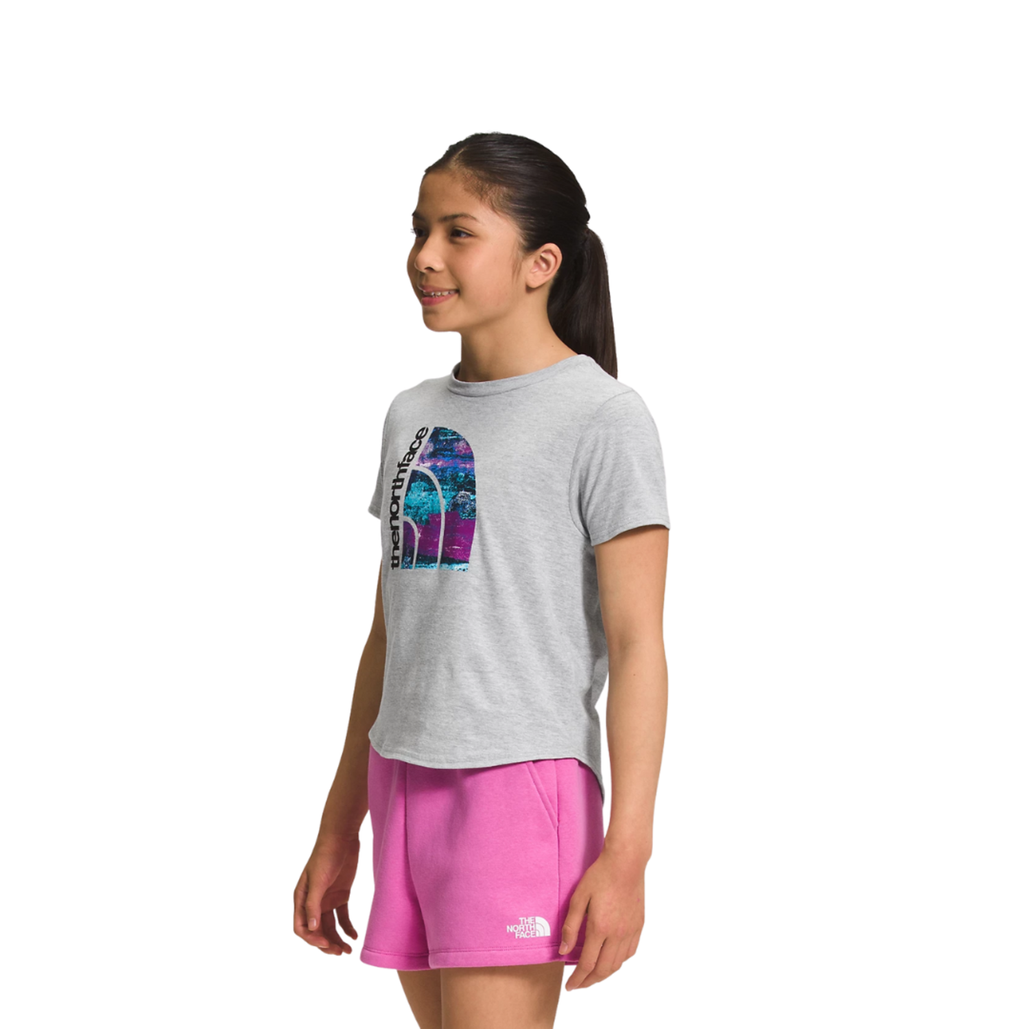 The North Face Short Sleeve Graphic Tee Girls L TNF Light Grey Heather Scuba Blue