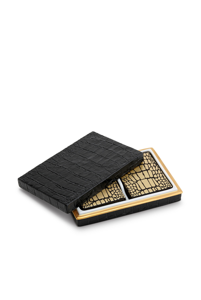L'Objet - Black Crocodile Box with 2 Decks Playing Cards - Porcelain 24ct Gold Plated - 17x12x3cm
