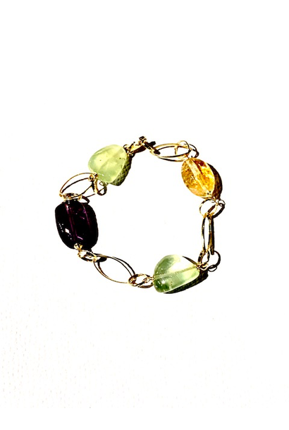 Mattia Mazza Polished Amethyst, Citrine and Prehnite Bracelet - 14ct Yellow Gold - Made in Italy