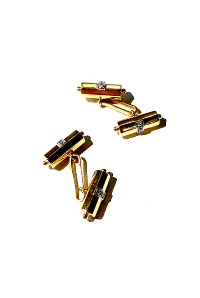 Gold and Diamond Cufflinks - Pair of Retro Octagonal Barrel Shaped Double Sided Cufflinks - 18ct Rose Gold - 12 Diamonds =0.24ct - USA - c1940