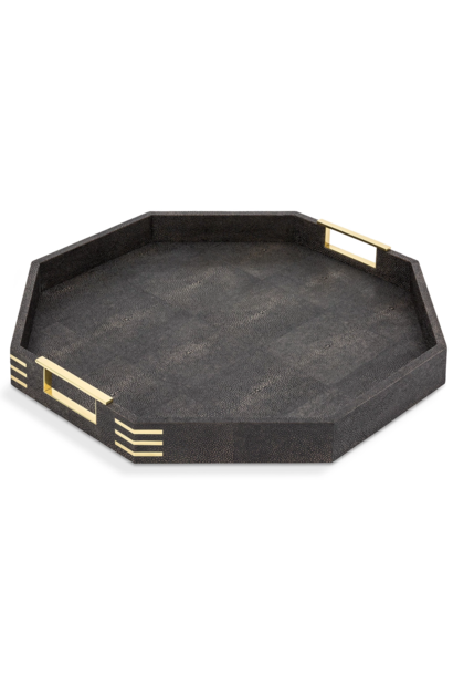 Octagonal Tray - Black Embossed Shagreen with Brass - 50.5x50.5x5cm