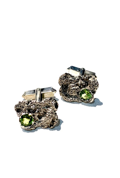 Vintage Continental Silver and Peridot Cufflinks - Brutalist Style
