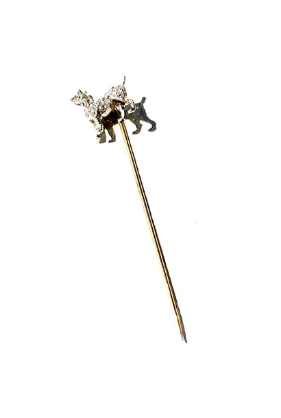 Vintage Platinum and 15ct Yellow Gold Dog Lapel or Stick Pin - 24 Old Mine Cut Pave Set Diamonds and a Ruby Eye