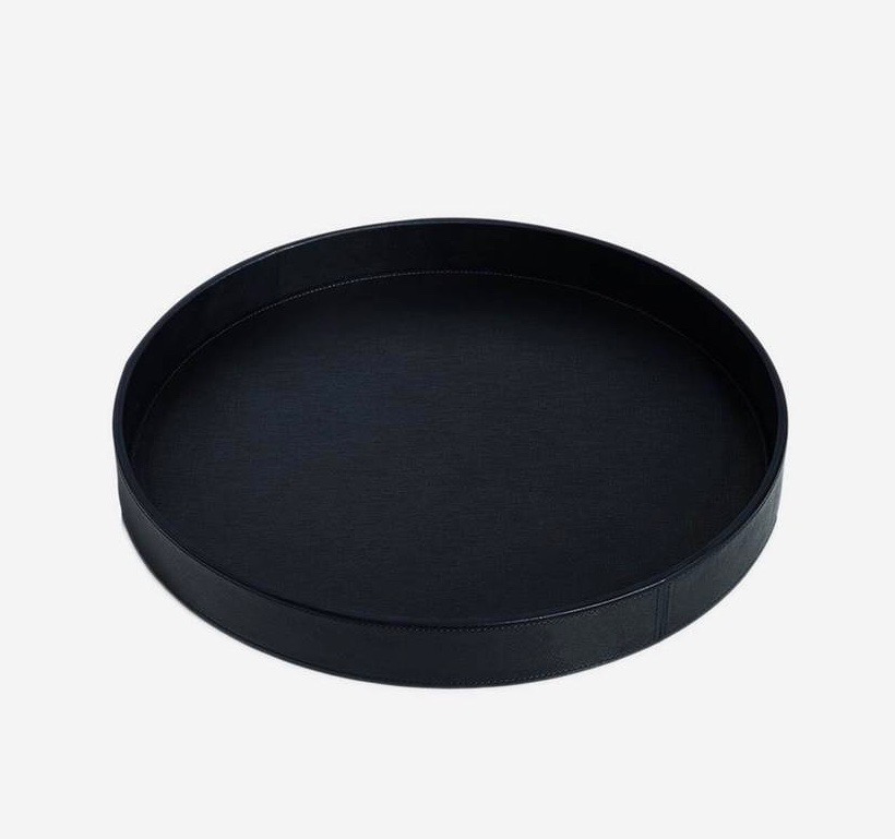 Giobagnara - Round Polo Utopia Tray M - Black Printed Calfskin Leather with Black Stitching - D38cm H4cm - Italy-1