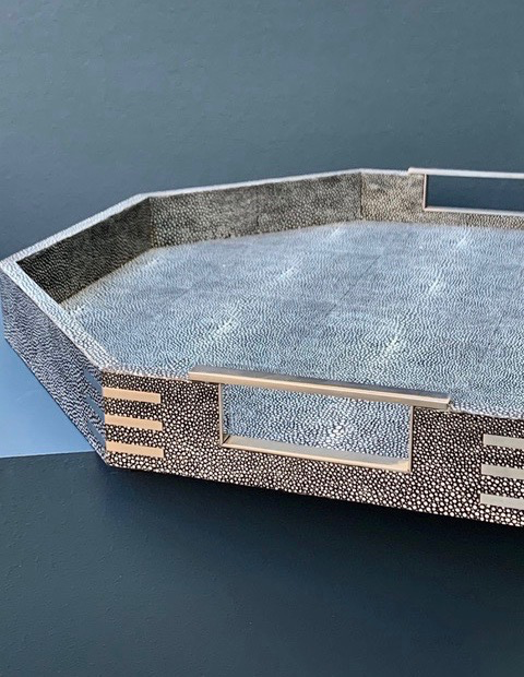 Octagonal Tray - Charcoal Embossed Shagreen with Polished Stainless Steel - 50.5x 50.5x5.2cm-2