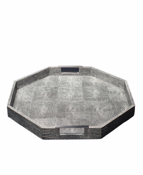 Octagonal Tray - Charcoal Embossed Shagreen with Polished Stainless Steel - 50.5x 50.5x5.2cm-1
