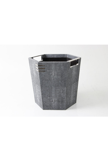 Waste Bin - Charcoal Embossed Shagreen with Polished Stainless Steel - 28.5x28.5x27H cm
