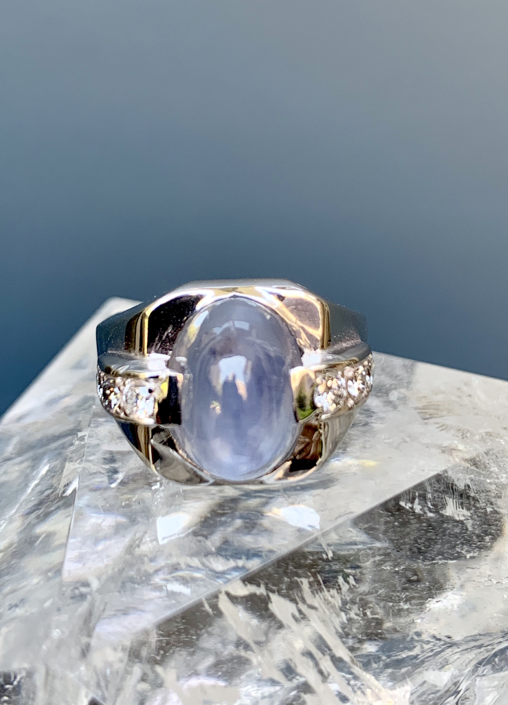 Vintage Ceylon Blue Star Sapphire and Diamond Ring 14ct White
