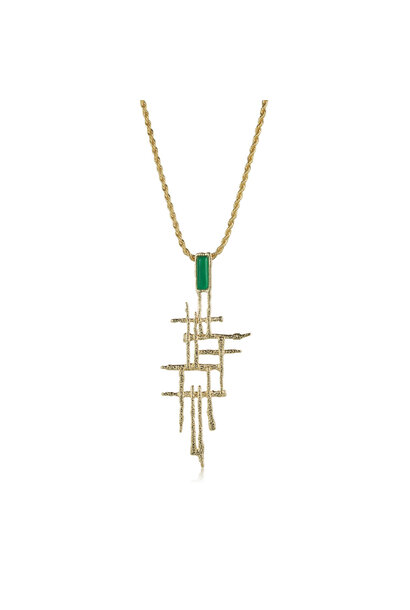 Tower Pendant Necklace and Brooch - Brut Baum Collection - 14ct Gold Plated with Green Agate Pendant 10cm Chain 35cm - Sarina Suriano for BECKER MINTY
