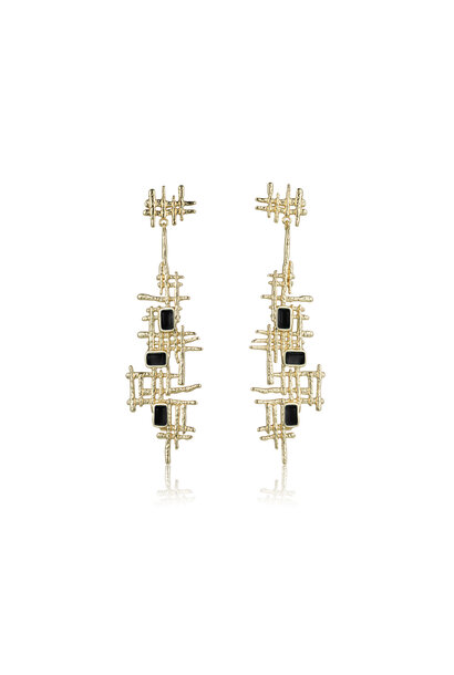 Tower Triple Stone Earrings - Brut Baum Collection -14ct Gold Plated Earrings with Black Agate 7cm - Sarina Suriano for BECKER MINTY