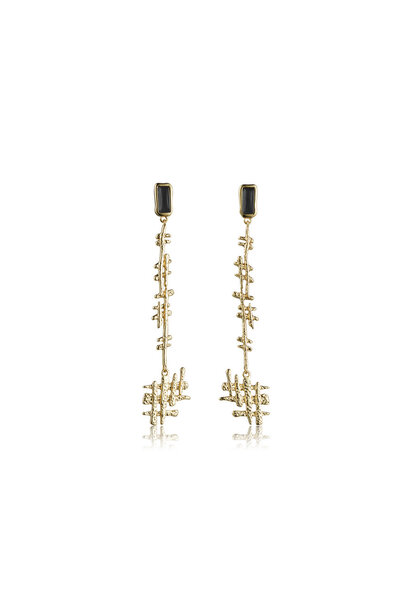 Moonwalker Single Drop Earrings - Brut Baum Collection -14ct Gold Plated Earrings with Black Agate 6cm - Sarina Suriano for BECKER MINTY