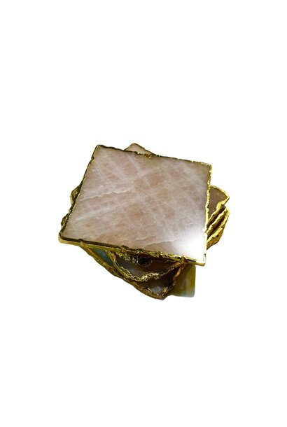 Rose Quartz  Square Coasters with Gold Trim - Set of 4 - Approx 12x12cm - USA *This is a natural product so look and sizes will vary