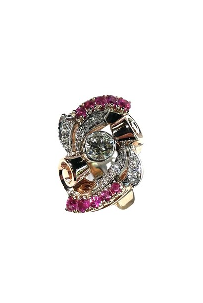 Retro style Diamond and Burmese Ruby Ring - 14ct Rose Gold. Est weight diamonds: 1x 0.63ct, 14 x 0.28ct Rubies 10 x 0.85ct c1940. Size "L"