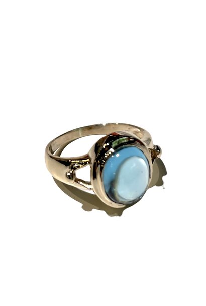 Vintage Blue Topaz Ring - 9ct Yellow Gold - Oval Cabochon  Cut with a single ball on each side of the shank c1980 Size 'N'