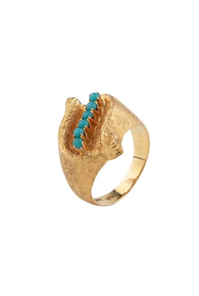 Vintage Turquoise Dress Ring - 18ct Brushed Yellow Gold Band with a Single Row of Six Mini Turquoise