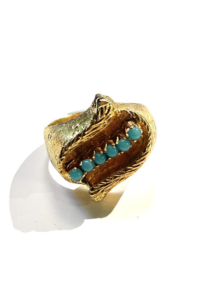 Vintage Turquoise Dress Ring - 18ct Brushed Yellow Gold Band with a Single Row of Six Mini Turquoise