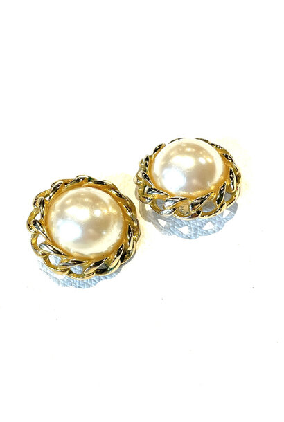 Vintage Richelieu Gold Tone Clip Earrings - Round Faux Pearl with a Chain Surround c1985