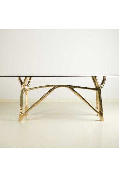 Twin Fork Console - Polished Bronze - W140 x L32 x H70cm - Oval End Smoke Grey Glass - Handmade in Thailand *FLOOR STOCK