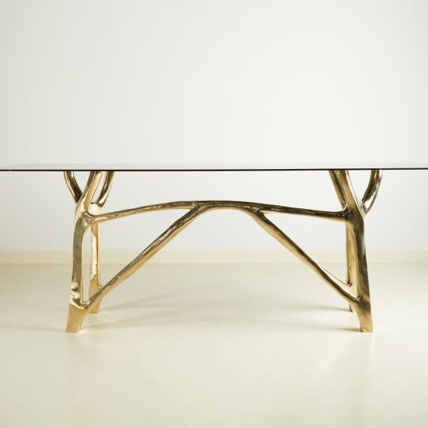 Twin Fork Console - Polished Bronze - W.140 x L.32 x H.70cm - Oval End Smoke Grey Glass - Handmade in Thailand-1