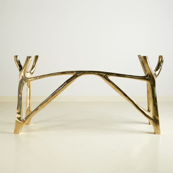 Twin Fork Console - Polished Bronze - W.140 x L.32 x H.70cm - Oval End Smoke Grey Glass - Handmade in Thailand-4