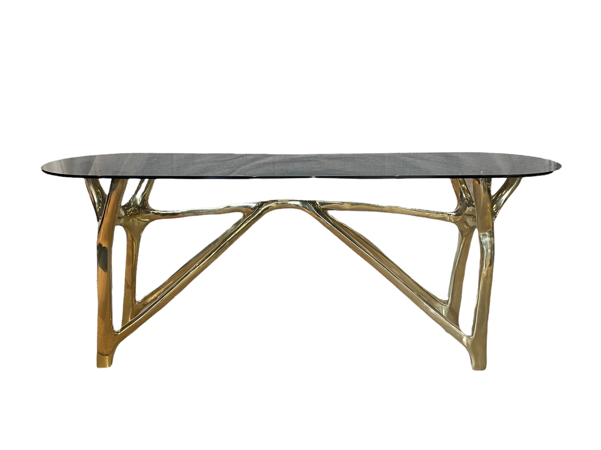 Twin Fork Console - Polished Bronze - W.140 x L.32 x H.70cm - Oval End Smoke Grey Glass - Handmade in Thailand-2