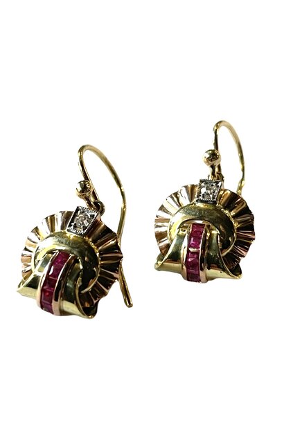 Yellow and Rose Gold  Earrings 18ct set with Ruby and Diamonds (new hooks)