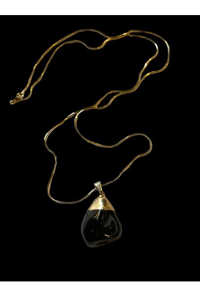 Organic Polished Onyx Stone Pendant Necklace - Gold Plated Sterling Silver Snake Chain - L70cm - USA