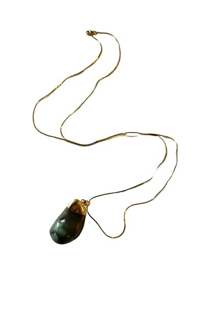 Organic Polished Green Stone Pendant Necklace - Gold Plated Sterling Silver Snake Chain - L70cm - USA