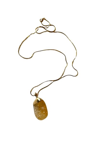 Organic Polished Citrine Stone Pendant Necklace - Gold Plated Sterling Silver Snake Chain - L60cm - USA