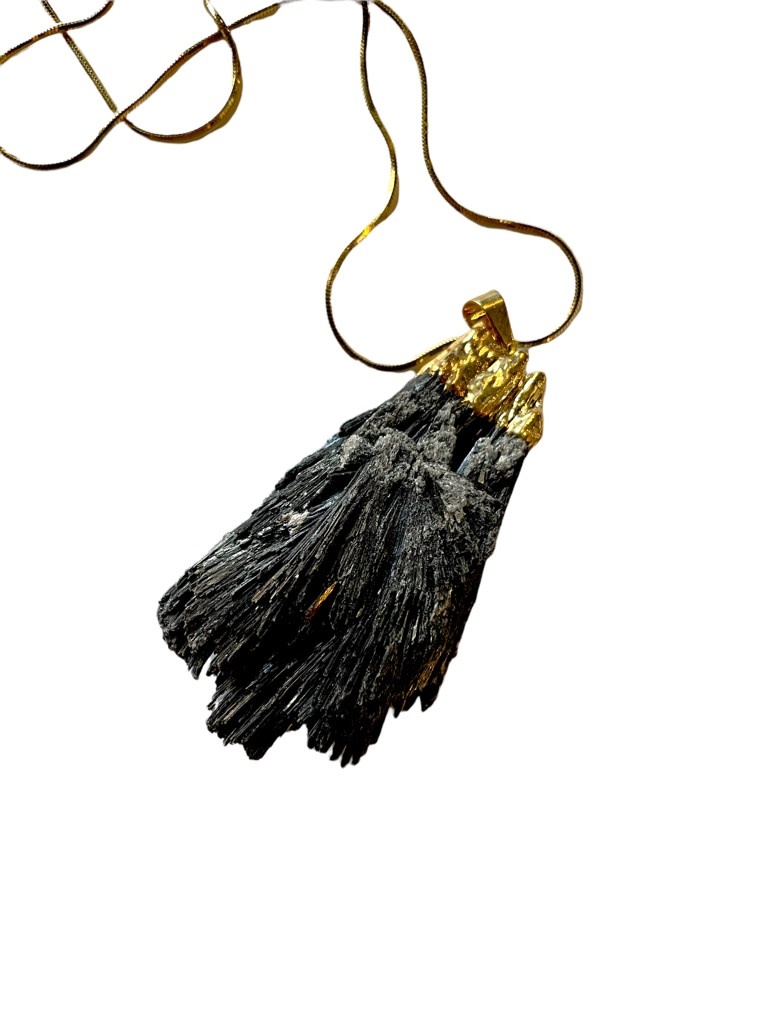 Black Kyanite Pendant Necklace - Gold Plated Sterling Silver Snake Chain - L60cm - USA-3