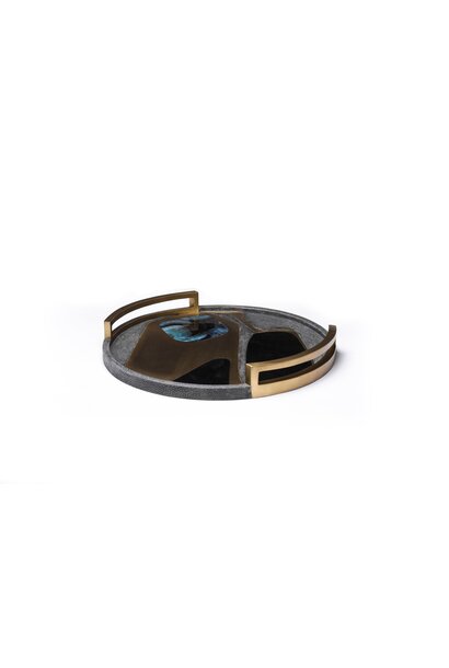 R & Y  Augousti - Paris - Cosmos Round Tray in Dark Shagreen Stingray, Black Pen Shell and Black Lip Shell, Bronze Patina-Brass Handles