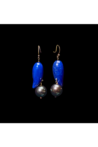 Ten Thousand Things - 18ct Gold Lapis Bean with Tahitian Pearl Earrings - NYC