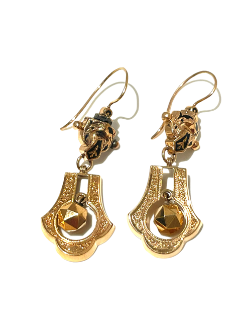 Antique Victorian 14ct Gold Drop Earrings with  Black Enamel  - c1900 - Sourced USA-1