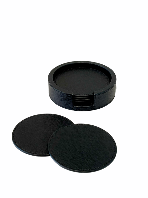 Giobagnara - Tao Coasters (6) and Holder - Round - Black Printed Calfskin Leather - D12.5 H3.5cm - Italy-2
