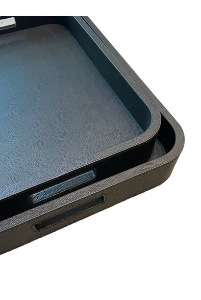 Giobagnara -  Large Rectangular Polo Tray with Handles - Black Printed Calfskin Leather with Black Stitching - Italy