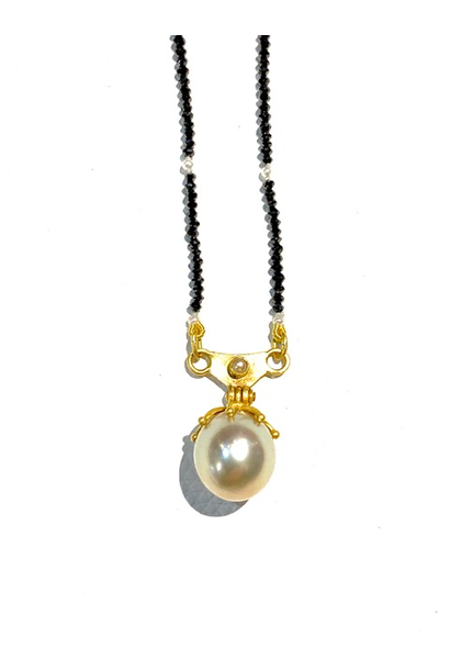 Lisa Black Jewellery - Pearl Empress Necklace - Black Diamond Grade AAA Australian South Sea Pearl Pendant on Fine Black Diamond Strand with Seed Pearl and 22k  Gold Detailing