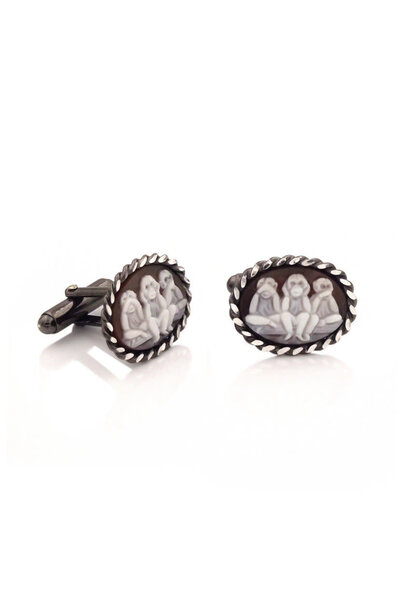 AMEDEO -  Wise Monkeys Cufflinks - 18mm Sardonyx Shell Cameos  with Sterling Silver Black Rhodium - Handmade in Italy