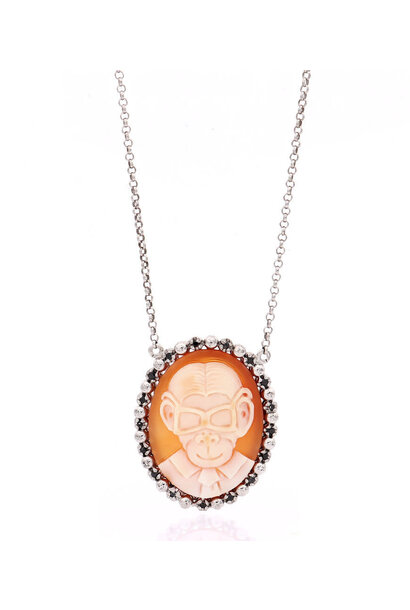 AMEDEO - Monkey Nerd - 30mm Sardonyx Cameo Necklace with 0.29ct Black Diamonds Sterling Silver- Handmade in Italy