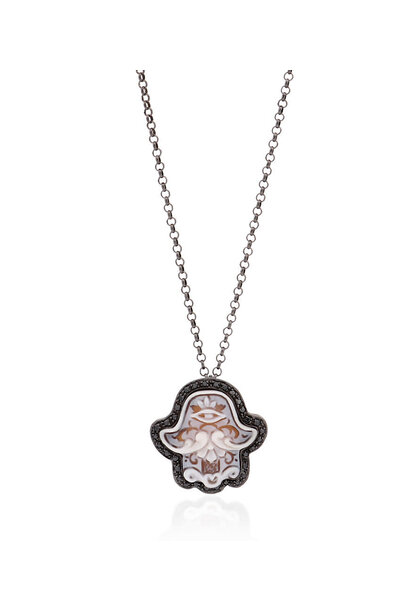 AMEDEO - Hamsa - 20mm Sardonyx Shell Cameo Sterling Silver Necklace with 0.38ct Black Diamonds- Handmade in Italy