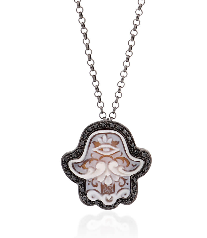 AMEDEO - Hamsa - 20mm Sardonyx Shell Cameo Sterling Silver Necklace with 0.38ct Black Diamonds- Handmade in Italy-2