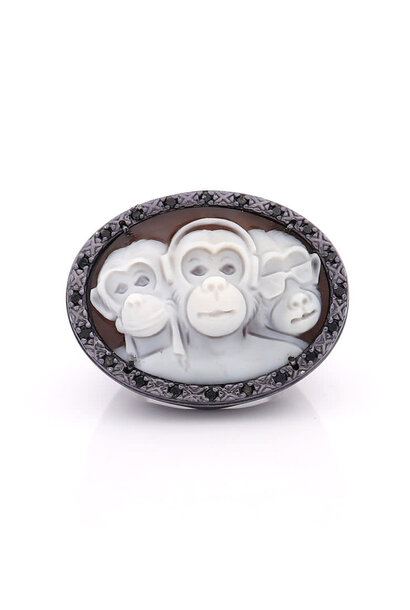 AMEDEO - Three Wise Monkeys - 30mm Sardonyx Cameo Ring - Sterling Silver Black Rhodium with 0.35ct Black Diamonds  - Size P1/2- Handmade in Italy
