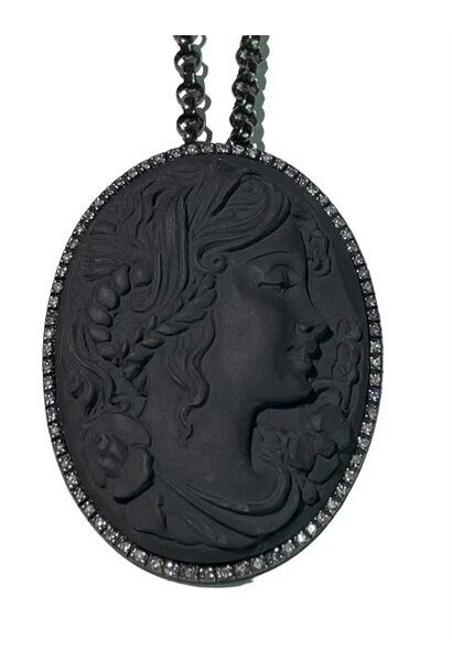 AMEDEO - 60mm Lava Cameo Necklace Pendant / Brooch with 1.24ct White Diamonds - Handmade in Italy