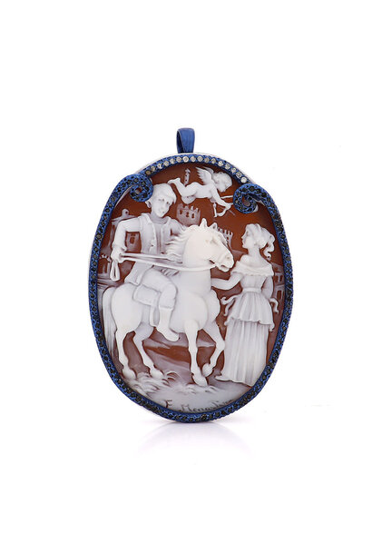 AMEDEO - 60mm Sardonyx Cameo Necklace Pendant / Brooch with 0.24ct White and 1.59ct Black Diamonds - Handmade in Italy