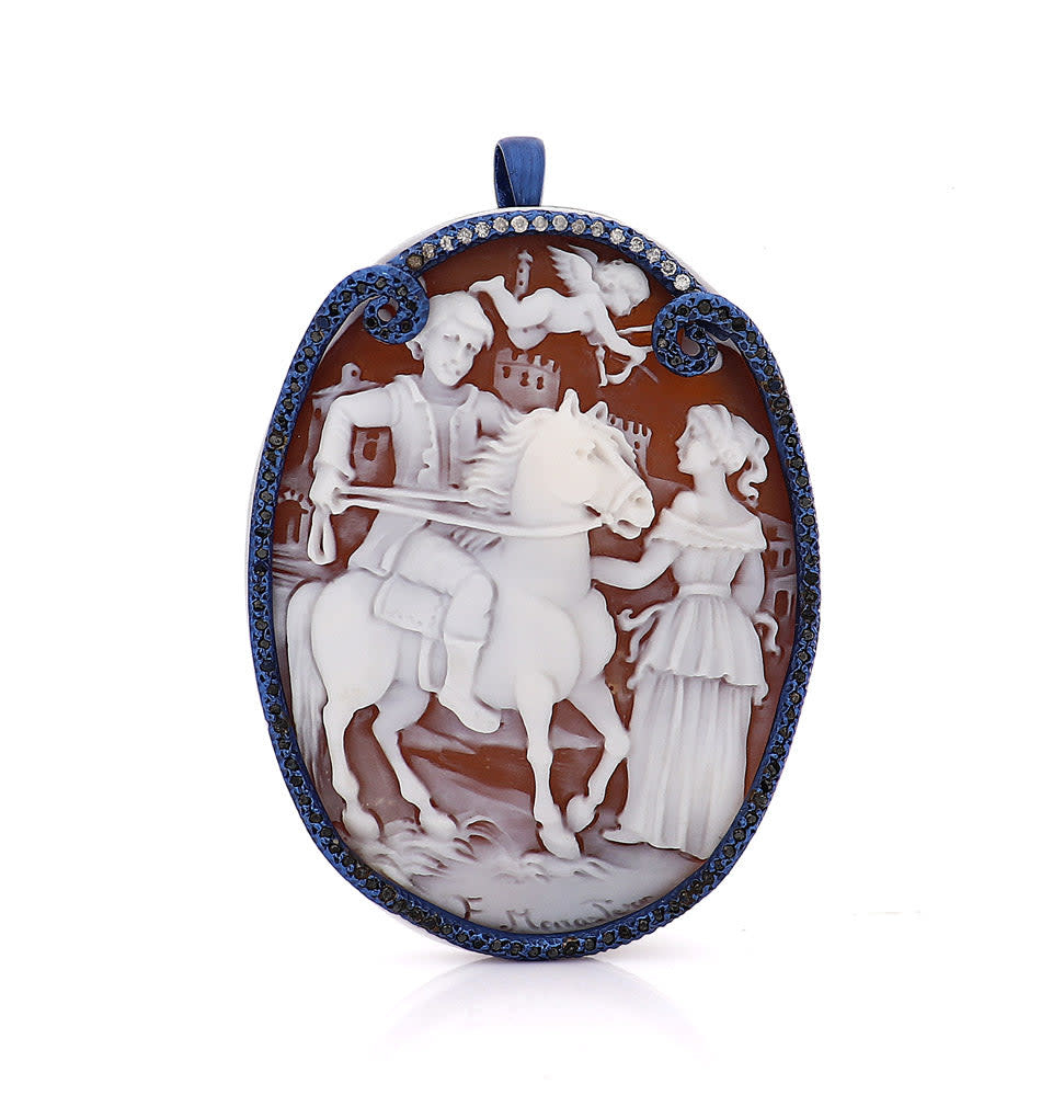 AMEDEO - 60mm Sardonyx Cameo Necklace Pendant / Brooch with 0.24ct White and 1.59ct Black Diamonds - Handmade in Italy-1