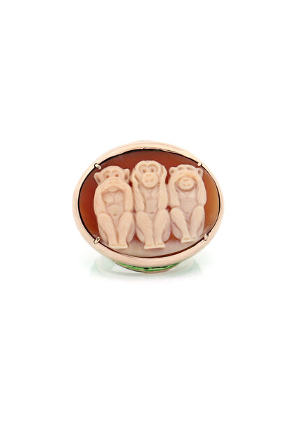 AMEDEO - Wise Monkeys - 30mm Sardonyx Shell Cameo Ring - 14ct Gold Sterling Silver -  Size P1/2 - Handmade in Italy