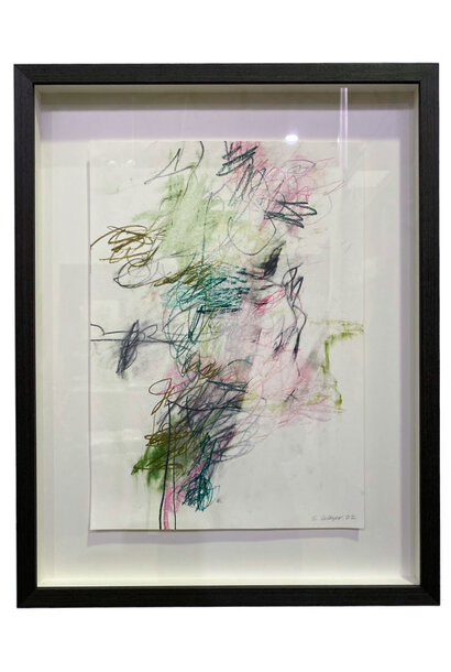 Sharon Collyer - Pink in Flight, 2022 - Mixed media on watercolour paper - 54.5x44.5cm framed - Charcoal timber shadow box frame