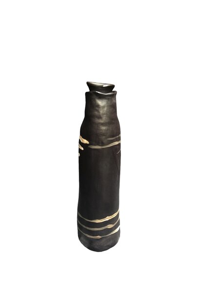 Linda Bretherton - Slim Jim Bottle Vessel, 2022 - Black clay with white markings, glazed interior and liquid quartz seal - 28x7x7cm