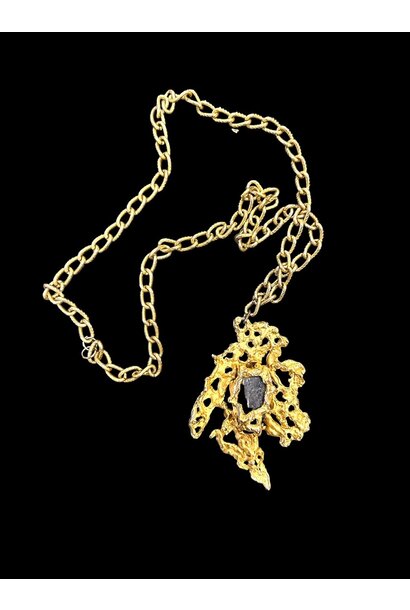 Vintage Gold Toned Brutalist Pendant - Sodalite Stone Pendant with a 70cm Gold Toned Chain - Sourced NYC