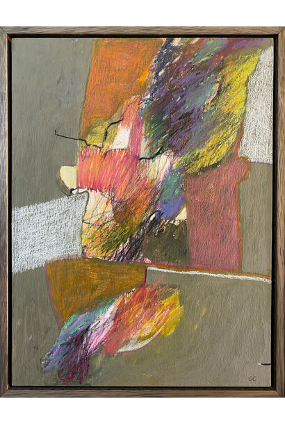 SOLD - Sharon Collyer - Gold in the Upside Down, 2023 - Mixed media on birch panel - 43.5x33.5cm framed - Charcoal oak box frame