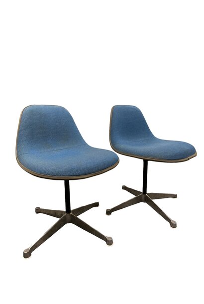 Pair of Vintage Blue Fabric Contractor Base Eames Low Swivelling Chairs